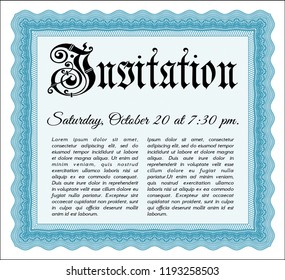 Light blue Vintage invitation template. With guilloche pattern. Perfect design. Vector illustration. 
