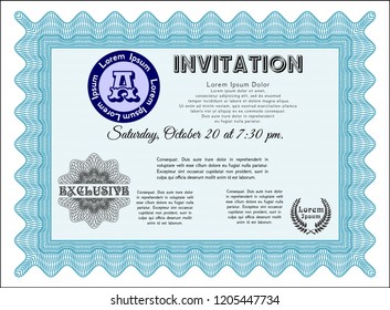 Light blue Vintage invitation template. With complex linear background. Customizable, Easy to edit and change colors. Money design. 