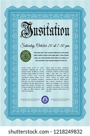 Light blue Vintage invitation template. Money style design. Easy to print. Detailed. 