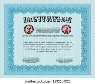 Light blue Vintage invitation template. Customizable, Easy to edit and change colors. With linear background. Money Pattern design. 