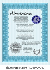 Light blue Vintage invitation template. With guilloche pattern and background. Customizable, Easy to edit and change colors. Money style design. 