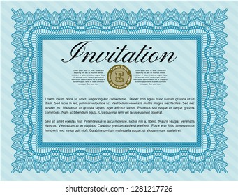 Light blue Vintage invitation template. With linear background. Detailed. Artistry design. 