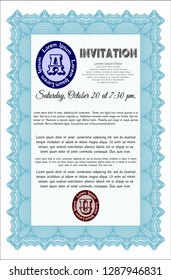 Light blue Vintage invitation template. Vector illustration. With guilloche pattern. Excellent design. 
