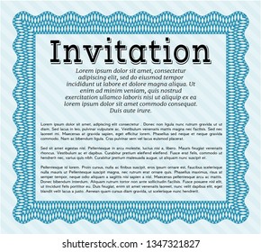 Light blue Vintage invitation template. Money style design. With guilloche pattern and background. Detailed. 