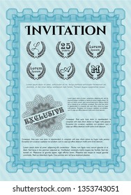 Light blue Vintage invitation template. With guilloche pattern and background. Detailed. Cordial design. 