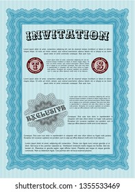 Light blue Vintage invitation template. Detailed. With great quality guilloche pattern. Perfect design. 