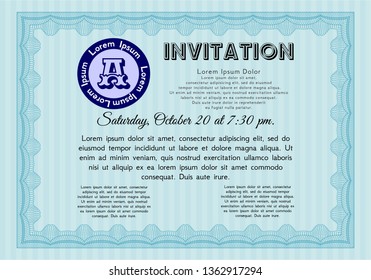 Light blue Vintage invitation template. With complex linear background. Lovely design. Vector illustration. 