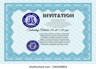 Light blue Vintage invitation template. Elegant design. Detailed. With guilloche pattern. 