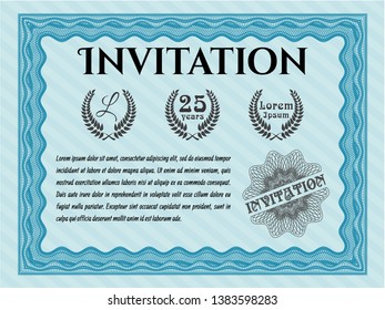 Light blue Vintage invitation template. With great quality guilloche pattern. Vector illustration. Artistry design. 