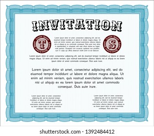 Light blue Vintage invitation template. Vector illustration. Easy to print. Money Pattern design. 