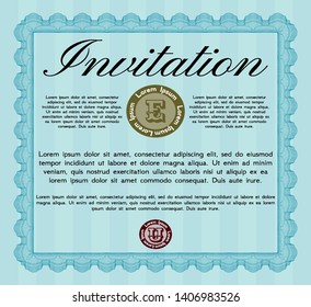 Light blue Vintage invitation template. With linear background. Vector illustration. Cordial design. 