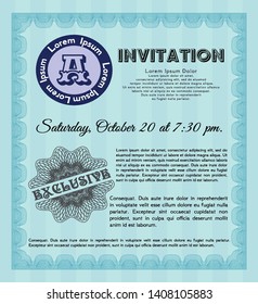 Light blue Vintage invitation template. Money Pattern design. Detailed. With great quality guilloche pattern. 