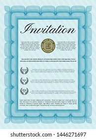Light blue Vintage invitation template. With linear background. Sophisticated design. Vector illustration. 