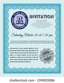 Light blue Vintage invitation template. With complex linear background. Detailed. Cordial design. 