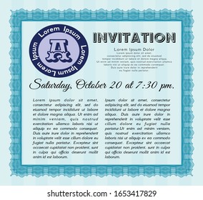 Light blue Vintage invitation template. Excellent design. Detailed. With guilloche pattern and background. 
