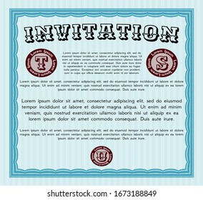 Light blue Vintage invitation template. With guilloche pattern and background. Lovely design. Detailed. 