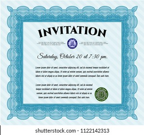 Light blue Vintage invitation. Vector illustration. With guilloche pattern. Money Pattern design. 
