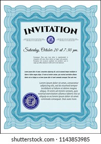 Light blue Vintage invitation. Vector illustration. With linear background. Good design. 
