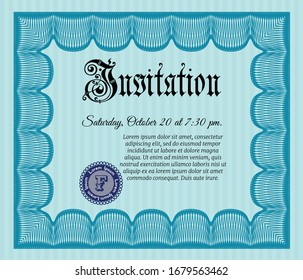 Light blue Vintage invitation. Vector illustration. With complex linear background. Money design. 