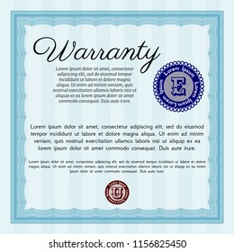 Light blue Vintage Warranty Certificate template. Sophisticated design. Vector illustration. With guilloche pattern and background. 