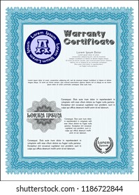 Light blue Vintage Warranty Certificate template. Retro design. Easy to print. Vector illustration. 