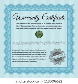 Light blue Vintage Warranty Certificate template. Detailed. With guilloche pattern and background. Artistry design. 