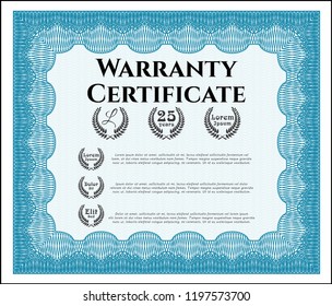 Light blue Vintage Warranty Certificate template. Elegant design. Detailed. Printer friendly. 
