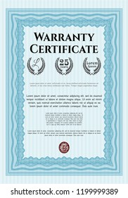 Light blue Vintage Warranty Certificate template. With linear background. Vector illustration. Artistry design. 