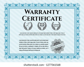 Light blue Vintage Warranty Certificate template. Customizable, Easy to edit and change colors. With complex linear background. Superior design. 