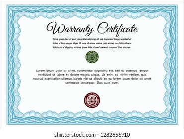 Light blue Vintage Warranty Certificate template. Superior design. Vector illustration. Easy to print. 