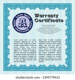 Light blue Vintage Warranty Certificate template. With complex linear background. Cordial design. Detailed. 