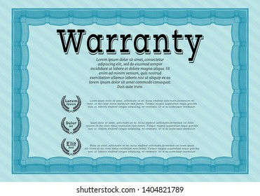 Light blue Vintage Warranty Certificate template. Money style design. Detailed. Printer friendly. 