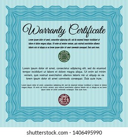 Light blue Vintage Warranty Certificate template. Printer friendly. Superior design. Vector illustration. 