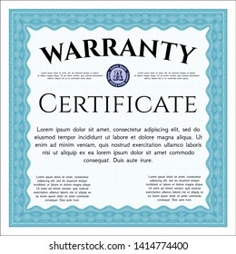 Light blue Vintage Warranty Certificate template. Excellent design. With guilloche pattern and background. Vector illustration. 