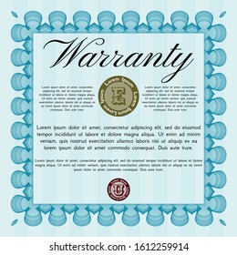 Light blue Vintage Warranty Certificate template. With great quality guilloche pattern. Excellent design. Vector illustration. 