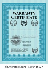 Light blue Vintage Warranty Certificate template. With great quality guilloche pattern. Vector illustration. Good design. 