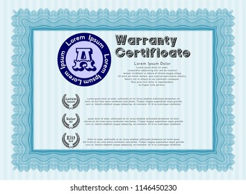 Light blue Vintage Warranty template. Detailed. With guilloche pattern. Nice design. 