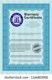 Light blue Vintage Warranty template. With complex background. Cordial design. Vector illustration. 