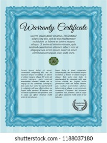 Light blue Vintage Warranty template. Perfect design. Complex background. Detailed. 