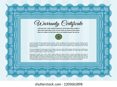 Light blue Vintage Warranty template. Vector illustration. With complex background. Elegant design. 