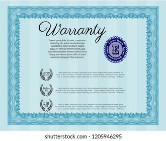 Light blue Vintage Warranty template. Perfect design. Detailed. With guilloche pattern. 