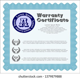 Light blue Vintage Warranty template. Elegant design. With guilloche pattern and background. Vector illustration. 