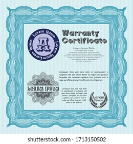 Light blue Vintage Warranty template. Money Pattern design.  With guilloche pattern.  Detailed. 