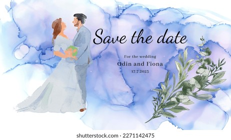 
Light blue and violet floral wedding invitation card template. Watercolor background. Save the date. Invitation or greeting card. Bride and groom. 