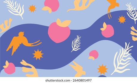 Light blue and violet wavy background with peach fruit, tropical birds, and soft coral shapes. Ideal for summer themes and exotic branding.