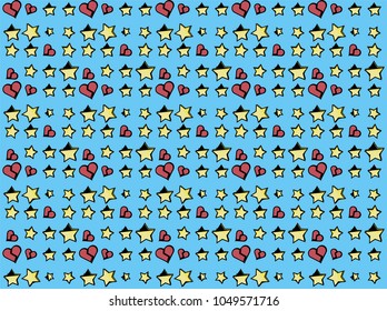 Light blue wallpaper with a pattern of hearts and stars