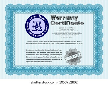  Light blue Warranty Certificate template. With complex background. Detailed. Lovely design. 