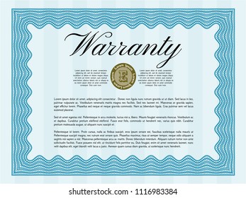 Light blue Warranty Certificate template. With guilloche pattern. Vector illustration. Elegant design. 