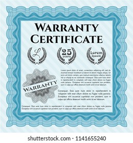 Light blue Warranty Certificate template. Lovely design. Printer friendly. Customizable, Easy to edit and change colors. 