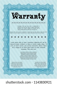 Light blue Warranty Certificate template. With background. Excellent design. Detailed. 